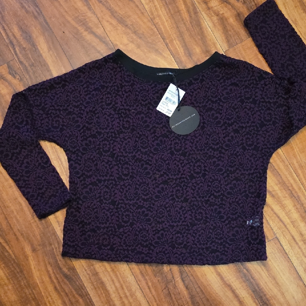Harlowe & Graham Deep Plum Lace-Texture Long Sleeve Tee